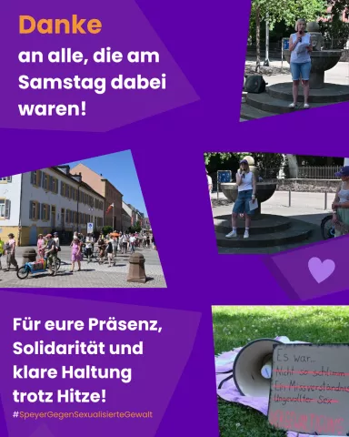 Das Bild zeigt einen friedlichen, bunten Demonstrationszug, zwei Rednerinnen, die in ein Mikrofon sprechen, sowie ein Protestschild, das an einem Megafon gelehnt wurde. Auf dem Bild steht zusätzlich: "Danke an alle, die am Samstag dabei waren! Danke für eure Präsenz, Solidarität und klare Haltung trotz Hitze!"
